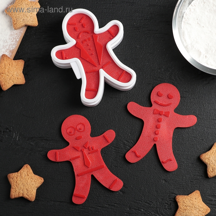 Форма для печенья с 3-мя печатями двухсторонними и прессом Доляна «Пряничный человечек», 13×11×3,5 см, цвет МИКС Форма для печенья с 3-мя печатями двухсторонними и прессом Доляна «Пряничный человечек», 13×11×3,5 см, цвет МИКС