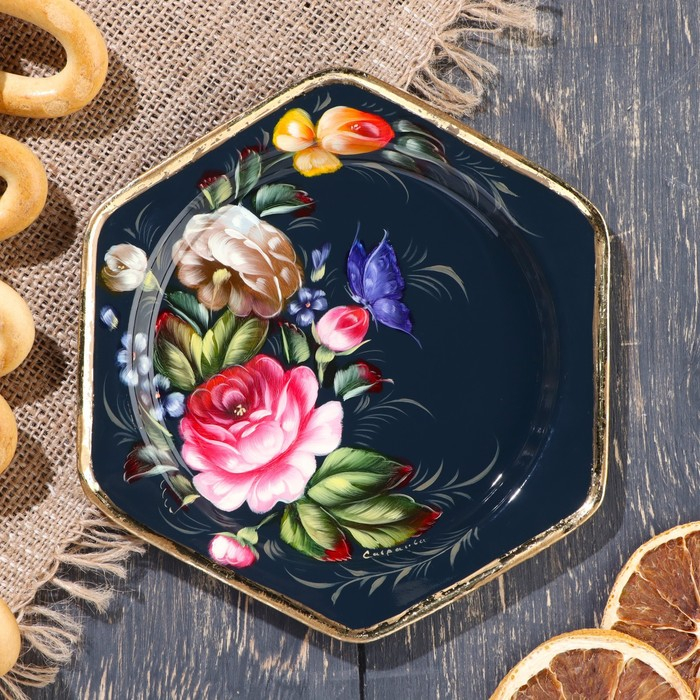 Поднос жостовский Поднос жостовский "Цветы", автор Владыкина, D=17 см, малый