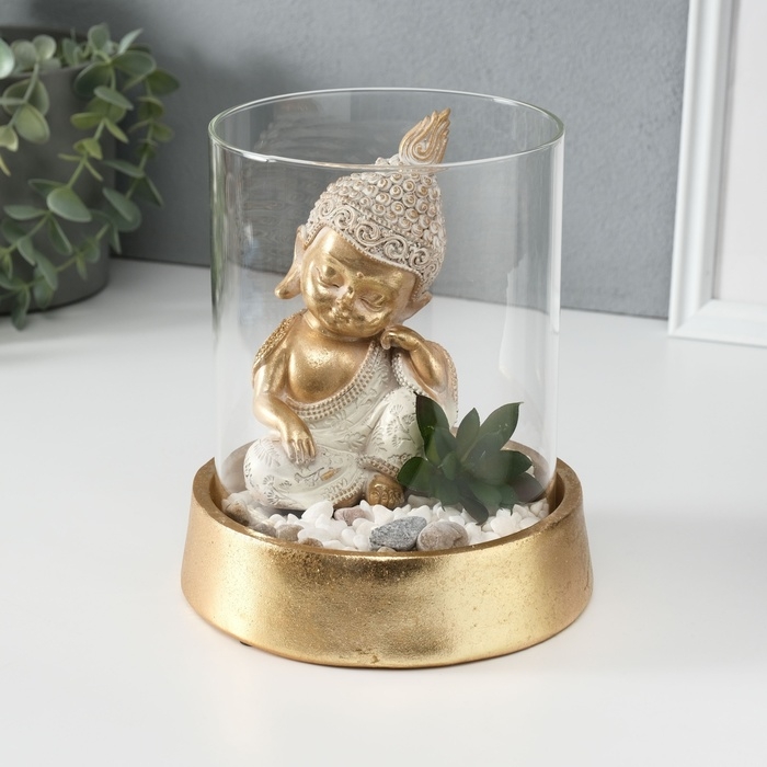 Сувенир полистоун, стекло  Сувенир полистоун, стекло "Маленький Будда в саду камней" 15,5х15,5х18 см