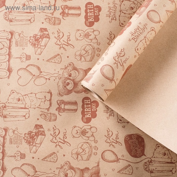 Бумага упаковочная крафт Бумага упаковочная крафт "Мишки", 0,72 х 10 м, 70 г/м²