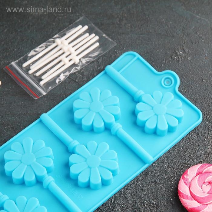 Форма для леденцов Доляна «Ромашка», силикон, 9,5×24×1 см, 6 ячеек (d=3,8 см), с палочками, цвет МИКС Форма для леденцов Доляна «Ромашка», силикон, 9,5×24×1 см, 6 ячеек (d=3,8 см), с палочками, цвет МИКС