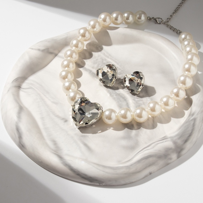 Набор 2 предмета; серьги, колье «Сердце» крупный жемчуг, цвет белый в серебре Набор 2 предмета; серьги, колье «Сердце» крупный жемчуг, цвет белый в серебре