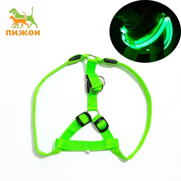 Шлейка светящаяся размер XL, стропа 2,5 см, ОГ 60-70 см, 3 режима свечения зелёная Шлейка светящаяся размер XL, стропа 2,5 см, ОГ 60-70 см, 3 режима свечения зелёная