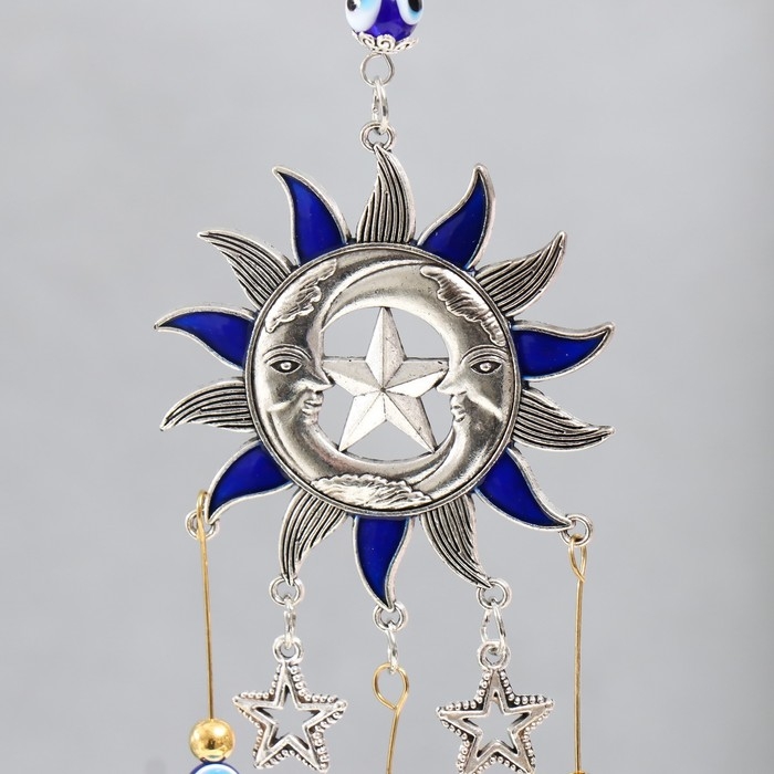 Музыка ветра металл Музыка ветра металл "Звезда, два месяца и солнце" синий, от сглаза 3 колокольчика 27 см