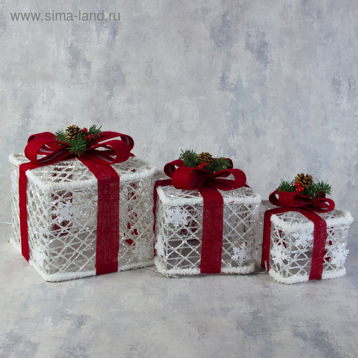 Светодиодная фигура «Подарки с красной лентой» 15, 20, 25 см, текстиль, металл, 220 В, свечение белое Светодиодная фигура «Подарки с красной лентой» 15, 20, 25 см, текстиль, металл, 220 В, свечение белое