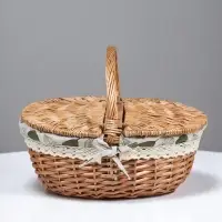Плетёная корзина-лукошко, ткань внутри, 2 крышки, 35×28 см, высота 14.5 см, высота с ручкой 31 см, дно