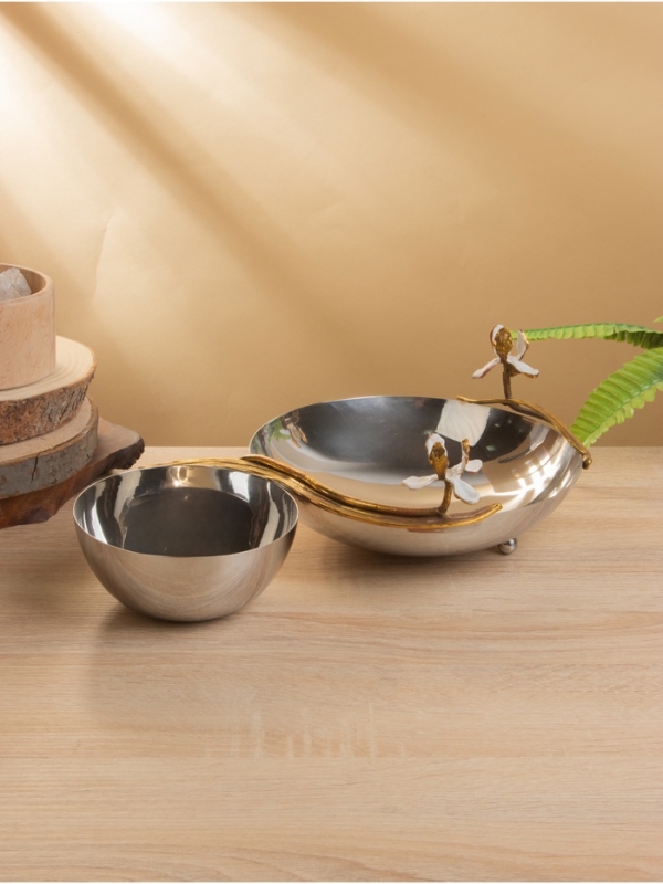 Менажница «Лилия», 2 чаши, 36×21×11.5 см, нержавеющая сталь, латунь