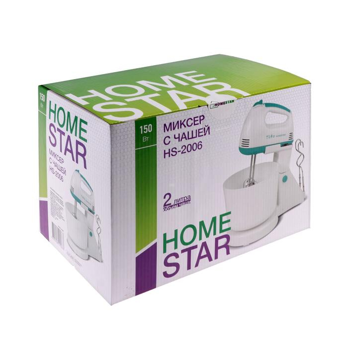 Миксер HOMESTAR HS-2006, стационарный, 150 Вт, 2 л, 7 скоростей, бело-бирюзовый Миксер HOMESTAR HS-2006, стационарный, 150 Вт, 2 л, 7 скоростей, бело-бирюзовый
