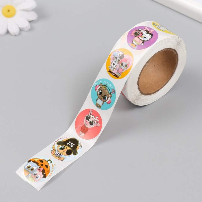 Наклейка бумага Наклейка бумага "Подбадривающие звери" d=2,5 см 500 шт в рулоне