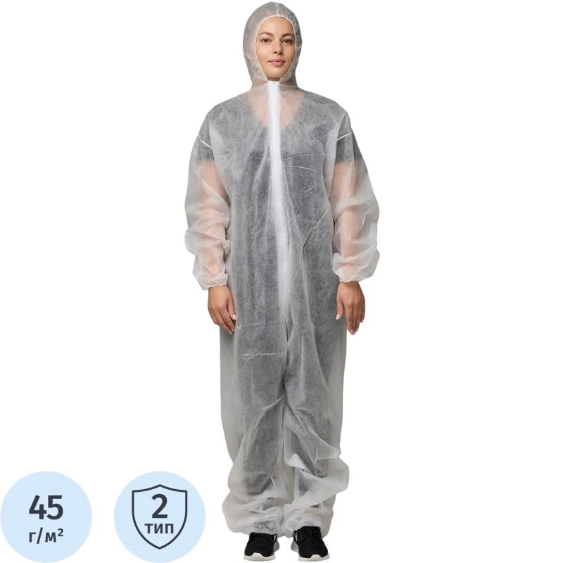 Комбинезон одноразовый Каспер, белый, 45 г/м2, р.L, кп