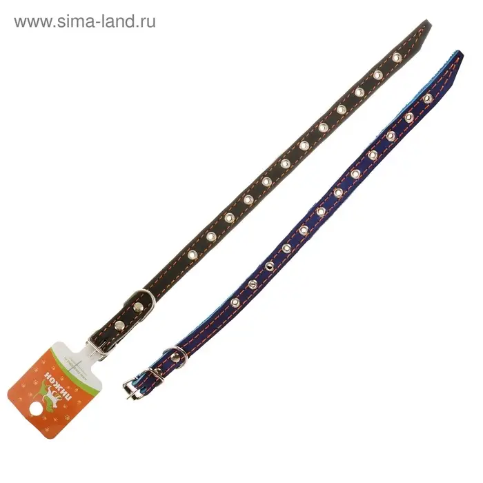 Ошейник кожаный на синтепоне, безразмерный, 37&times;1.5 см, ОШ 21-31 см, синий