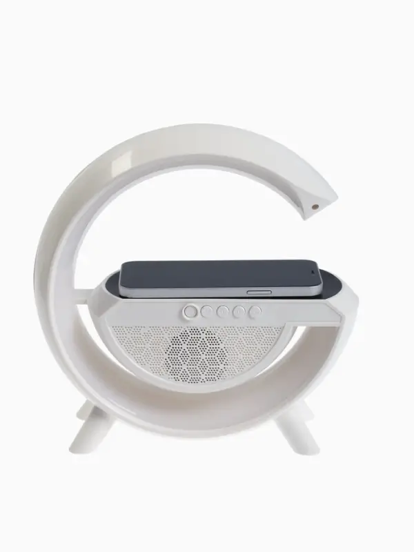 Колонка портативная - ночник, Bluetooth, беспроводная зарядка, часы, RGB-подсветка, 15 Вт, 3 А, белая