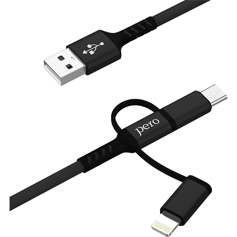 Кабель PERO, DC-06, 2.4А, 2м, Lightning/micro USB/Type-C, черный