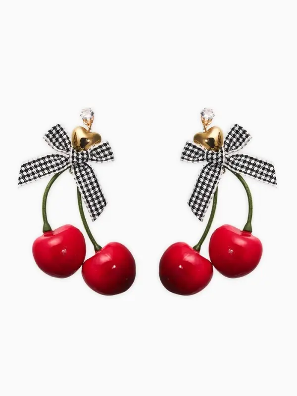 Серьги Серьги "Вишня с бантиками" текстиль, цветные в золоте