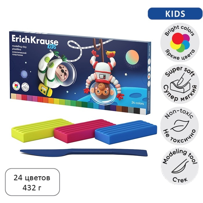 Пластилин 24 цвета, 432 г, ErichKrause Пластилин 24 цвета, 432 г, ErichKrause "Kids Space Animals", со стеком, в картонной упаковке