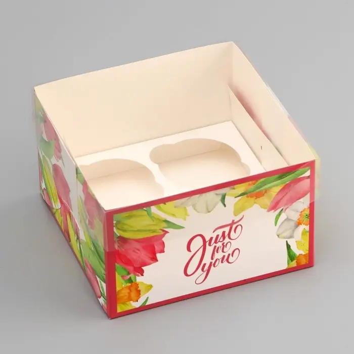 Коробка для 4 капкейка с прозрачной крышкой, &laquo;Тюльпаны&raquo;, 16&times;16&times;10 см