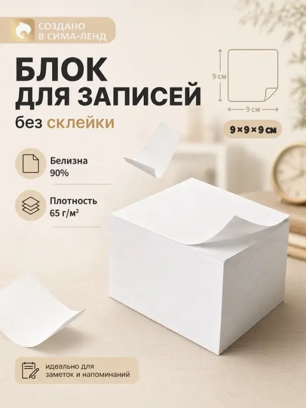 Блок бумаги для записей Calligrata, 9&times;9&times;9 см, 65 г/м&sup2;, 90%, непроклеенный, белый
