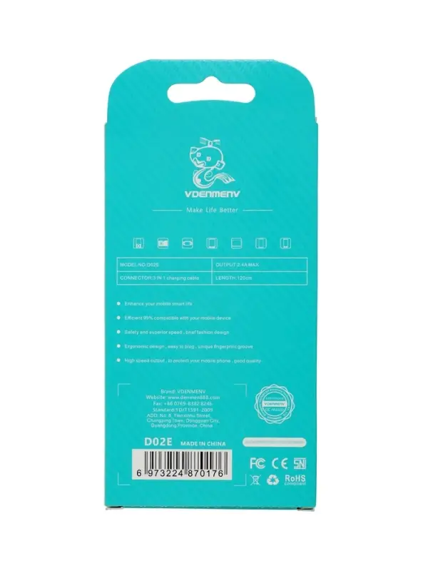 Кабель D02E, 3 в 1, Type-C-microUSB-Lightning, 1.2 м, зарядка+передача данных, чёрный