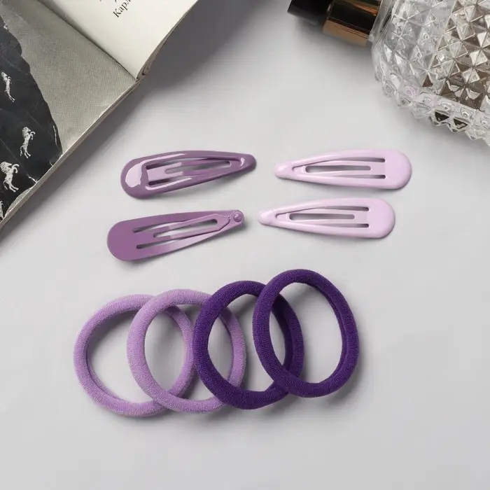 Набор для волос QF &laquo;Мира&raquo;, 12 шт.: 4 невидимки 5 см, 8 резинок 3.5 см, сиреневый