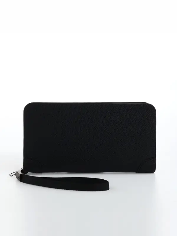 Портмоне мужское, с ручкой, на молнии, отдел для карт, монет, чёрное