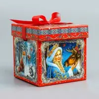 Подарочная новогодняя коробка крышка-дно с атласной лентой 17×17×17 см