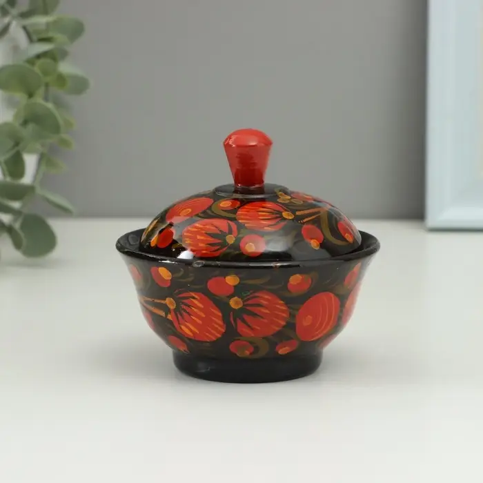 Солонка с крышкой &laquo;Ягодка&raquo;, 9&times;6.5 см, хохлома, дерево