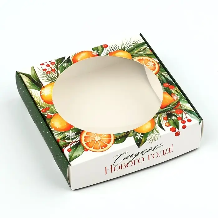 Коробка для макарун с низкими бортами «Сладкого Нового года!», венок, 11х 11х 3 см Коробка для макарун с низкими бортами «Сладкого Нового года!», венок, 11х 11х 3 см