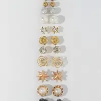 Серьги пусеты 12 пар One year, романтика, бело-серые в золоте