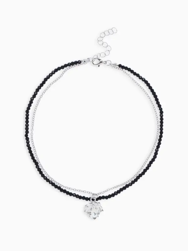 Колье "Сердце" двойной ряд, цвет чёрно-белый в серебре