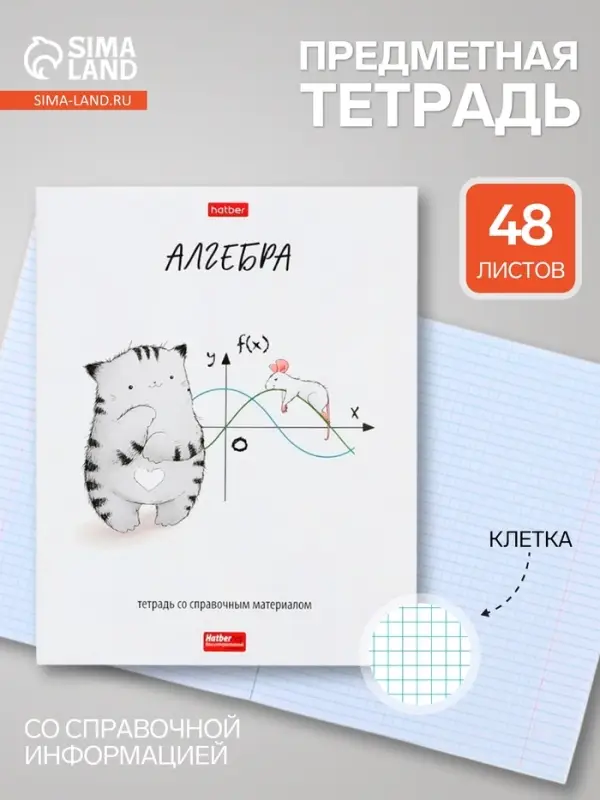 Предметная тетрадь по алгебре Hatber &laquo;Приключения кота Пирожка&raquo;, 48 листов, в клетку, со справочным материалом, обложка из мелованной бумаги