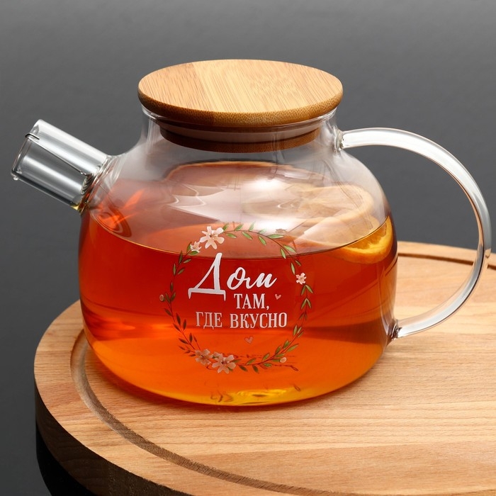 Чайник стеклянный заварочный с бамбуковой крышкой «Дом», 1000 мл Чайник стеклянный заварочный с бамбуковой крышкой «Дом», 1000 мл