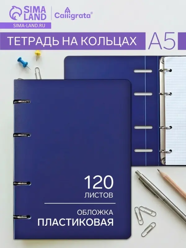 Тетрадь на кольцах Calligrata A5, 120 листов, в клетку, пластиковая обложка, блок офсет, синяя