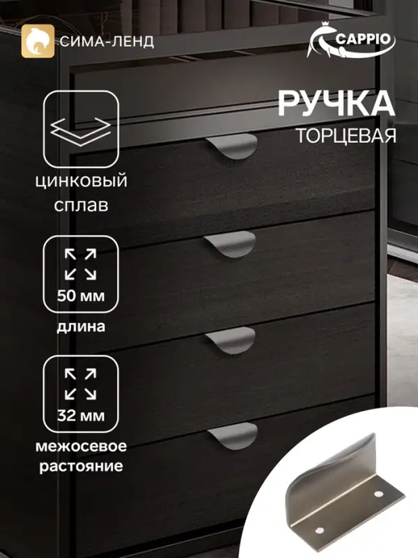 Ручка профильная мебельная торцевая CAPPIO, м/о 32 мм, матовая, серая, 4 шт.