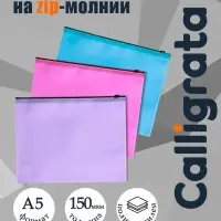 Набор папок-конверт на ZIP-молнии А5, 150 мкм, Calligrata Pastel, c черной молнией, полупрозрачные, пастель, 12 штук, микс