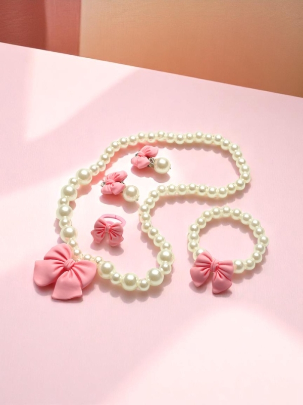 Набор детский Выбражулька «Бант», 4 предмета: кулон, браслет, кольцо, клипсы, бело-розовый Набор детский Выбражулька «Бант», 4 предмета: кулон, браслет, кольцо, клипсы, бело-розовый