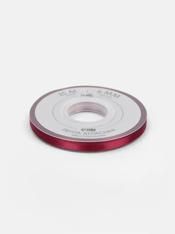 Лента атласная TEIRA, двухсторонняя, 6 мм, 25&plusmn;1 м, бордовая №0789