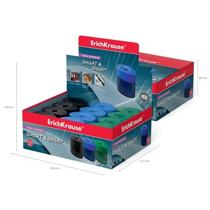 Точилка Erich Krause. SMART & SHARP, диаметр отверстия 8 мм, с контейнером, МИКС