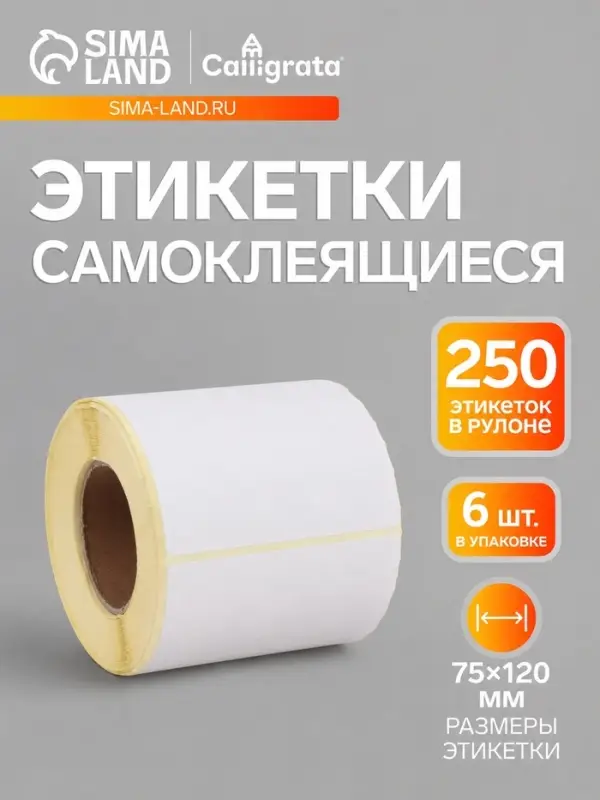 Термоэтикетка 75&times;120 мм, набор 6 шт, диаметр втулки=40 мм, 250 этикеток ЭКО