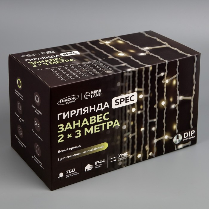 Гирлянда «Занавес» 2 × 3 м, IP44, УМС, белая нить, 760 LED, свечение тёплое белое, мерцание белым, 220 В