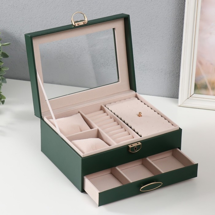 Шкатулка кожзам под часы 2 отделения и бижутерию  Шкатулка кожзам под часы 2 отделения и бижутерию "Кайла" зелёный 17х23х11 см