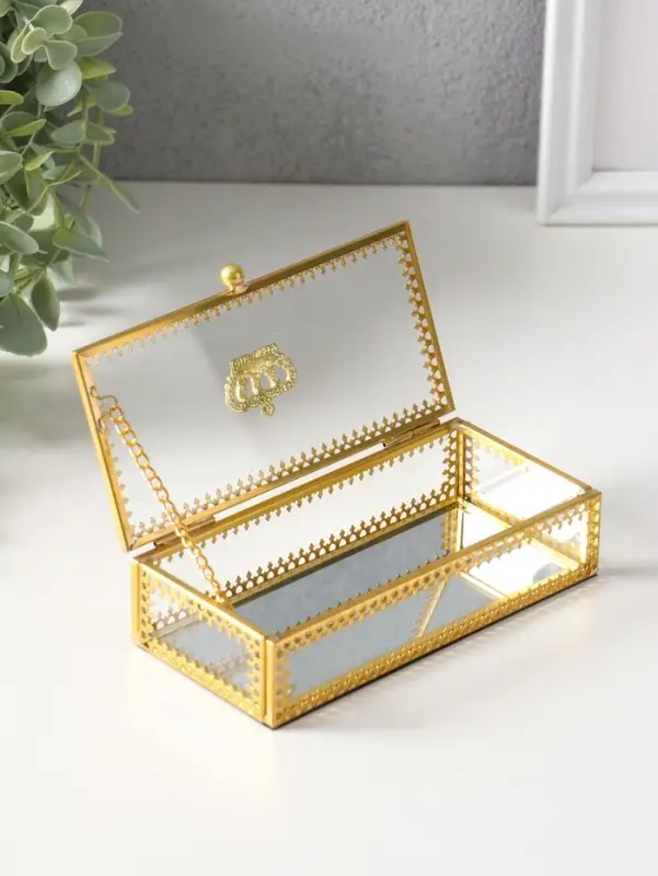 Шкатулка стекло с металлическим каркасом "Корона" золото 14,2х6,8х3,5 см