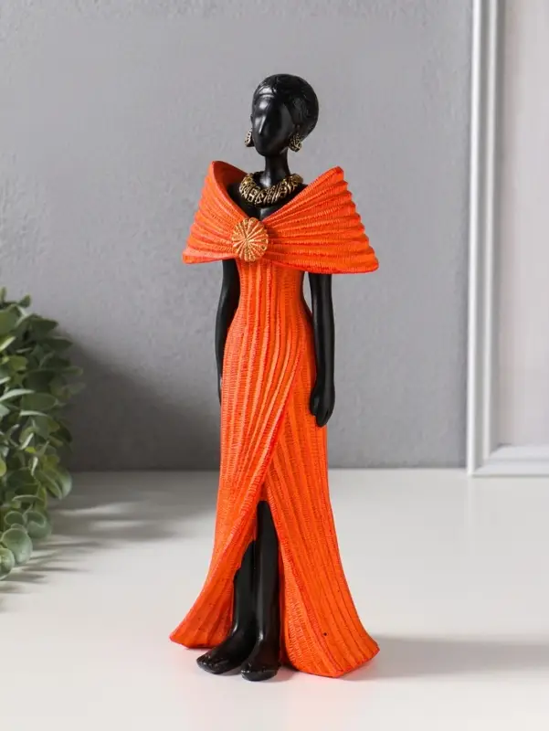 Сувенир полистоун "Девушка в ярко-оранжевом платье с большим бантом" чёрный 11х9,5х30,5 см   1092991