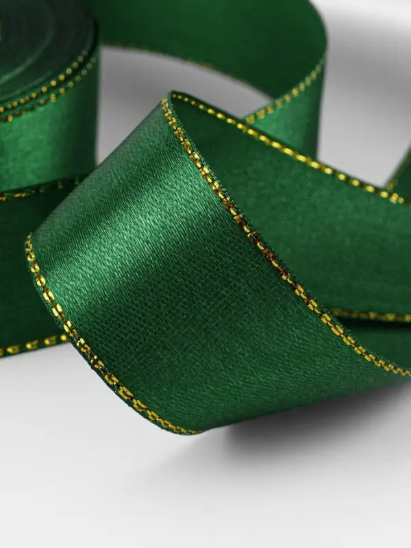Лента атласная, с золотым люрексом, 25 мм, 23&plusmn;1 м, зелёная №049