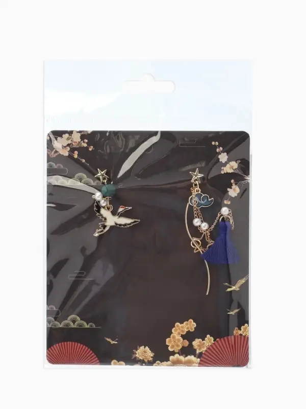 Серьги с жемчугом &laquo;Япония&raquo;, аист и звёзды, цветные в золоте