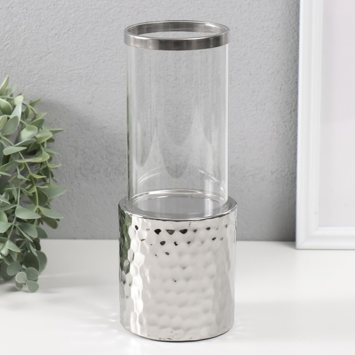 Подсвечник керамика, стекло на 1 свечу Подсвечник керамика, стекло на 1 свечу "Нуар. Цилиндр" d=7,5 см серебро 9х9х24 см