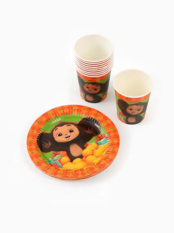 Посуда одноразовая бумажная для праздника, на 10 персон, стакан, тарелка, скатерть, Чебурашка