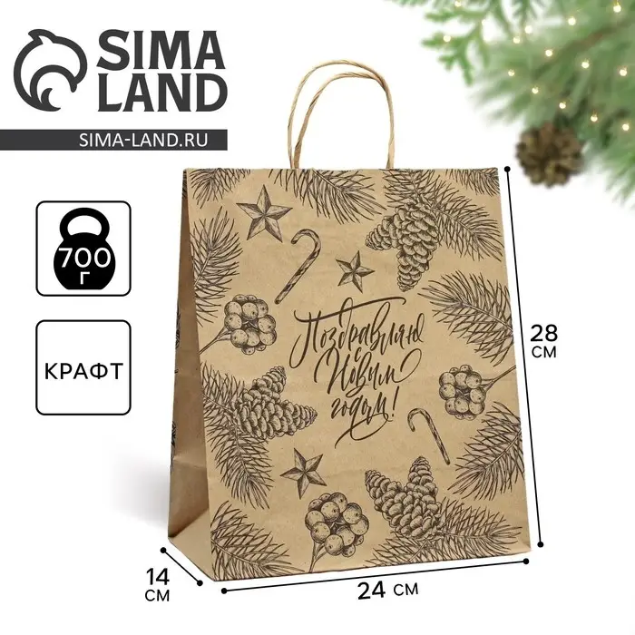Пакет подарочный новогодний крафтовый «Поздравляю с Новым годом», 24 х 28 х 14 см Пакет подарочный новогодний крафтовый «Поздравляю с Новым годом», 24 х 28 х 14 см