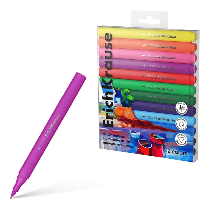 Маркеры акриловые 12 цветов, ErichKrause, Art Spirit с наконечником кистью микс Маркеры акриловые 12 цветов, ErichKrause, Art Spirit с наконечником кистью микс