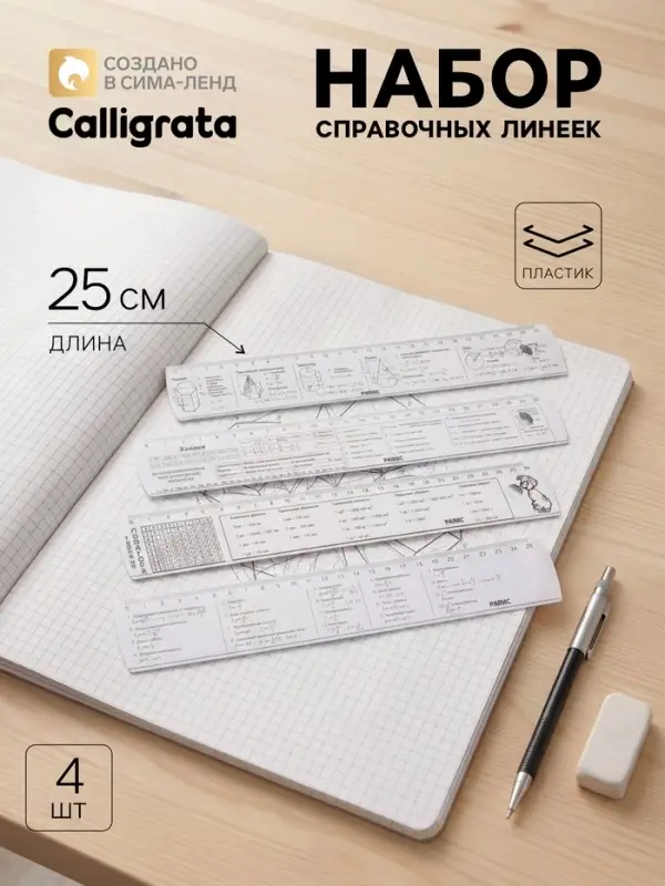Набор справочных линеек Calligrata, 4 штуки, 25 см, прозрачные, таблица умножения, химия, геометрия, физика