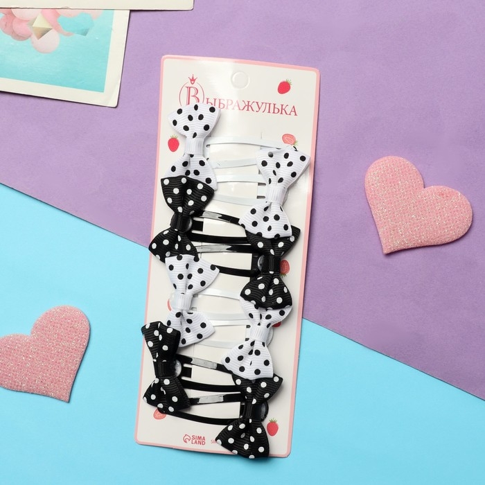 Невидимка для волос  Невидимка для волос "Бантики" (набор 8 шт) горох, чёрно-белый